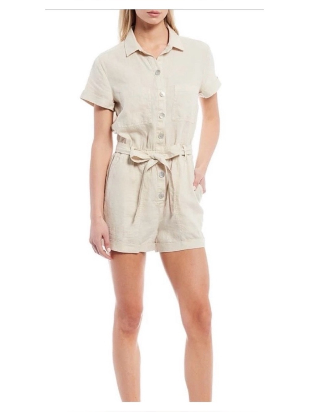 NWOT Anthropologie Cloth & Stone Linen Utility Romper in Oatmeal  Size Small
